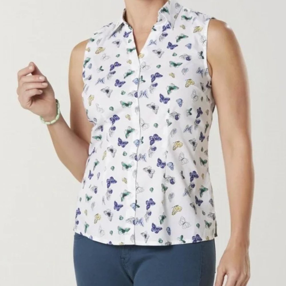 Laura Scott Butterfly Sleeveless Button Down Shirt, White, Blue, 3X Plus